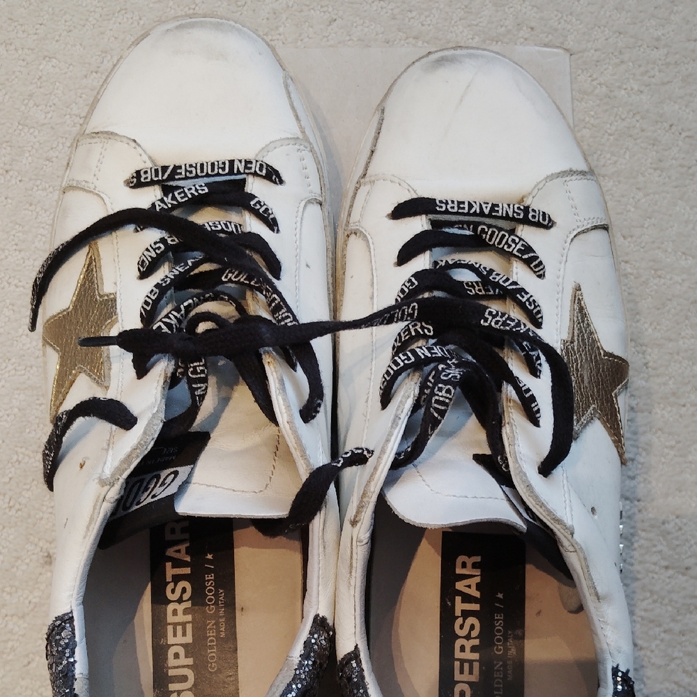 Golden Goose White Sneakers with Black and Gold Accents Authentic
